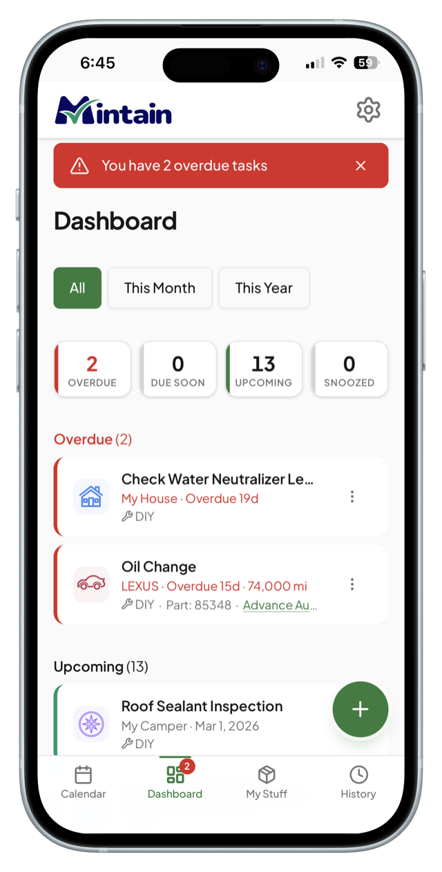 The Mintain dashboard on a phone, listing overdue and upcoming maintenance tasks
